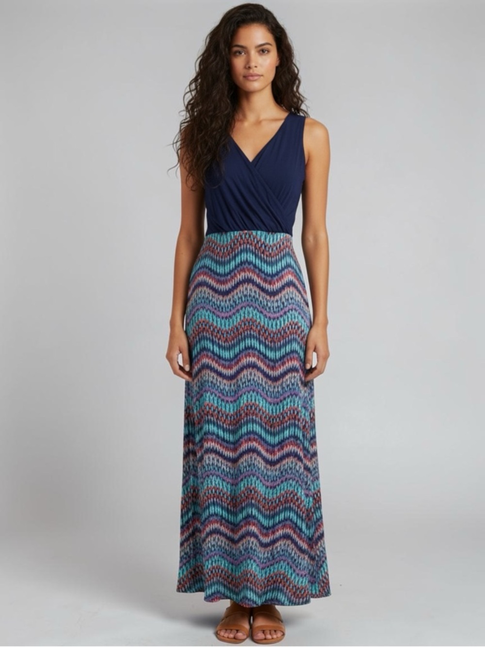Gilli Navy Blue Sleeveless Maxi Dress With Colorful Chevron Wave Skirt